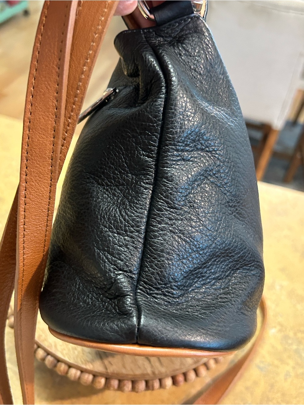 Valentina Leather Bucket Crossbody Bag in Black and Tan - Picture 6 of 16